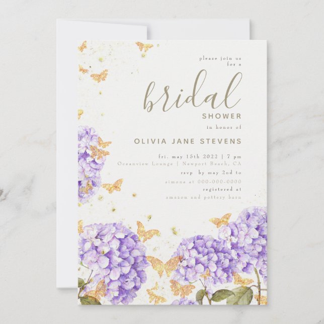 Invitación Mariposa Bridal Shower Hydrangea Oro Romántico (Anverso)