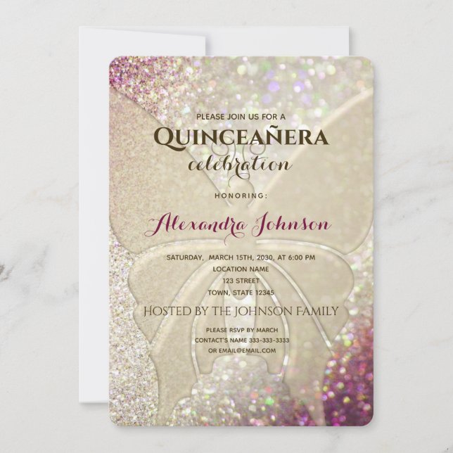 Invitación Mariposa Brillante Quinceañera (Anverso)