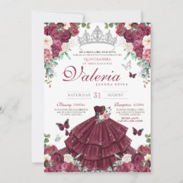 Invitación Mariposa Burgundy Plata Rojo Floral Quinceañera