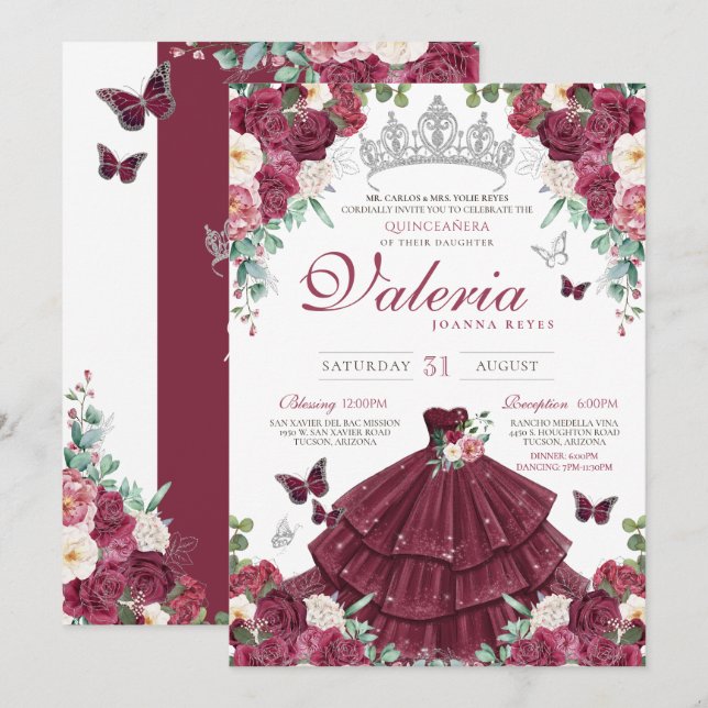 Invitación Mariposa Burgundy Plata Rojo Floral Quinceañera (Anverso / Reverso)