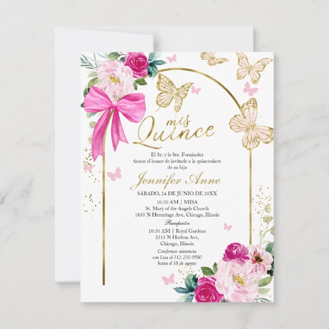 Invitación Mariposa Caliente Rosa Bow Floral Español Quincean (Anverso)