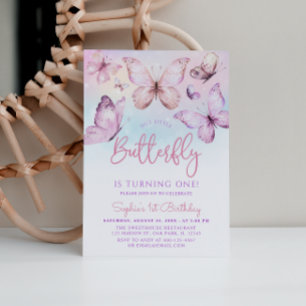Invitación Mariposa Chica Púrpura Arcoiris Primer cumpleaños