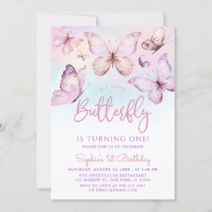 Invitación Mariposa Chica Púrpura Arcoiris Primer cumpleaños