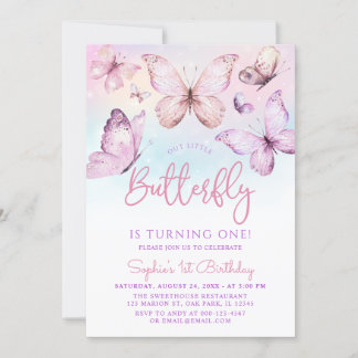 Invitación Mariposa Chica Púrpura Arcoiris Primer cumpleaños
