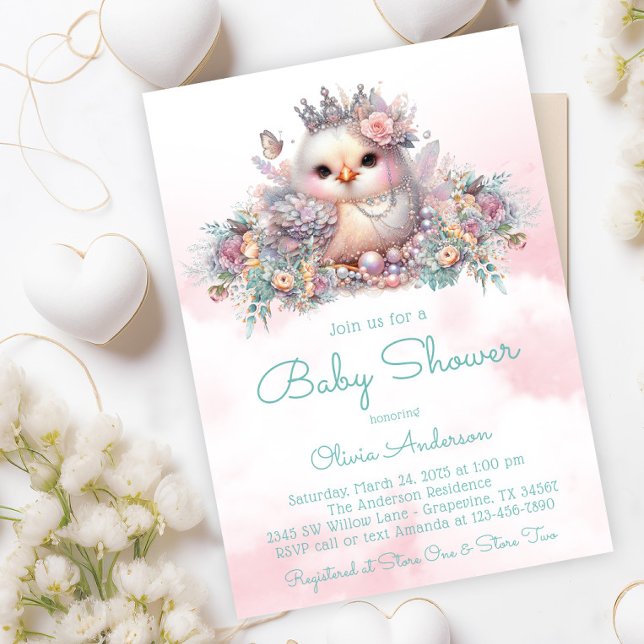 Invitación Mariposa Chick Baby Shower (Adorable chick with pearls, butterfly and crown on a pretty floral background.)