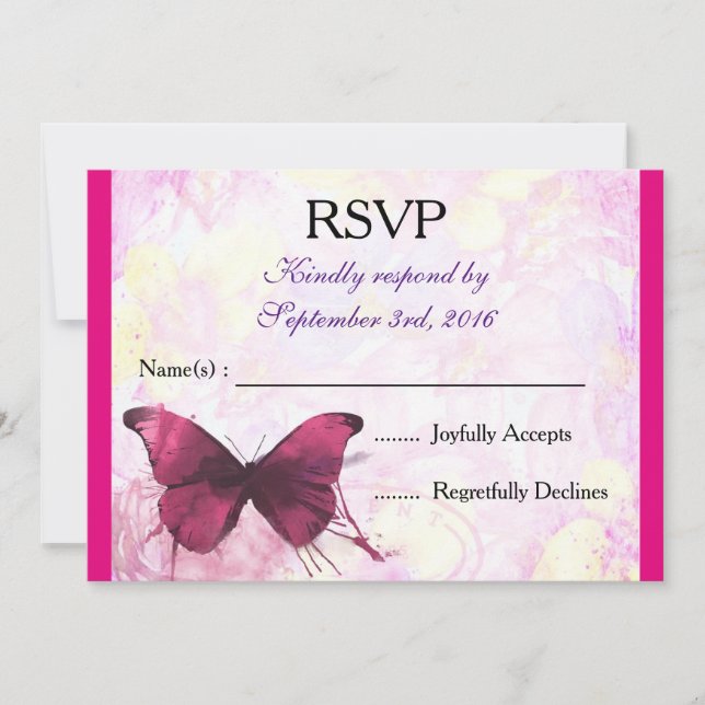 Invitación Mariposa color morado en RSVP rosa (Anverso)