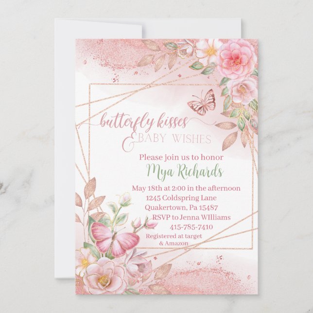 Invitación Mariposa color rosa besa Baby Shower (Anverso)