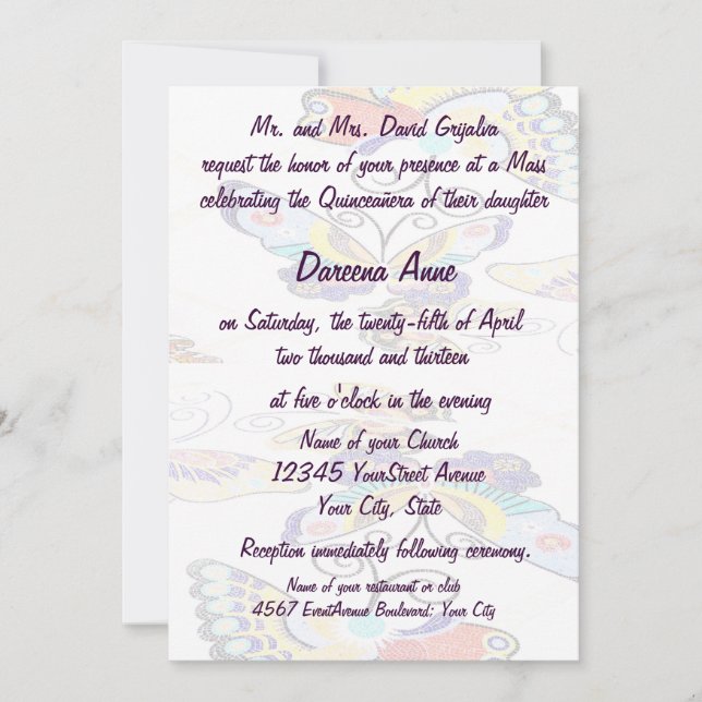 Invitación Mariposa colorida de Quinceanera (Anverso)