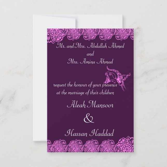 Invitación Mariposa con flor (Henna) (rosa) (Anverso)