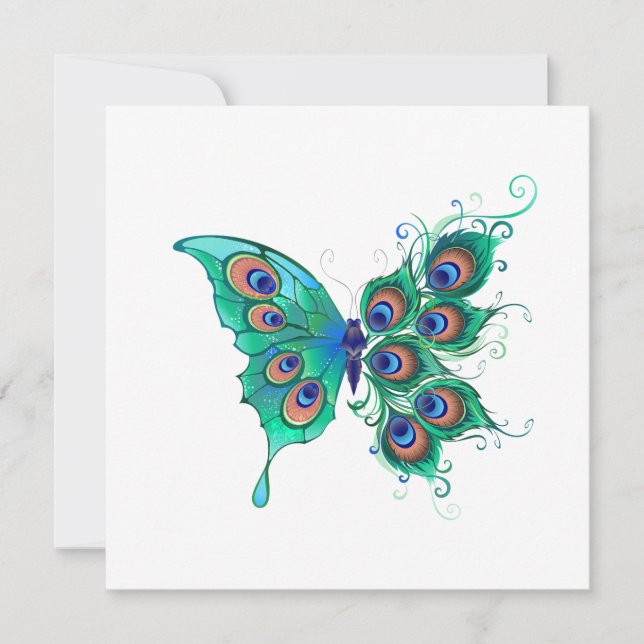 Invitación Mariposa con plumas de pavo real verde (Anverso)