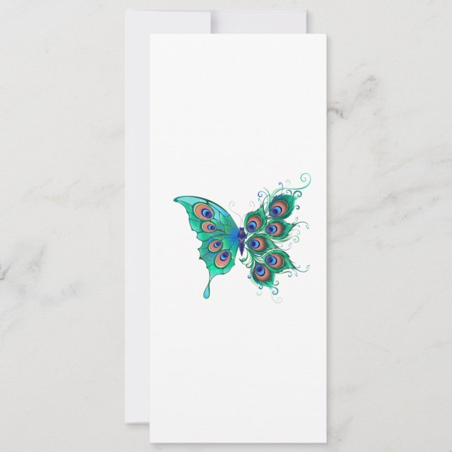 Invitación Mariposa con plumas de pavo real verde (Anverso)