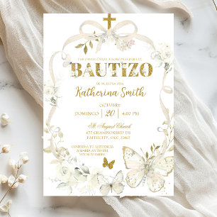 Invitación Mariposa Coqueta Floral Blanca Bautismo Español