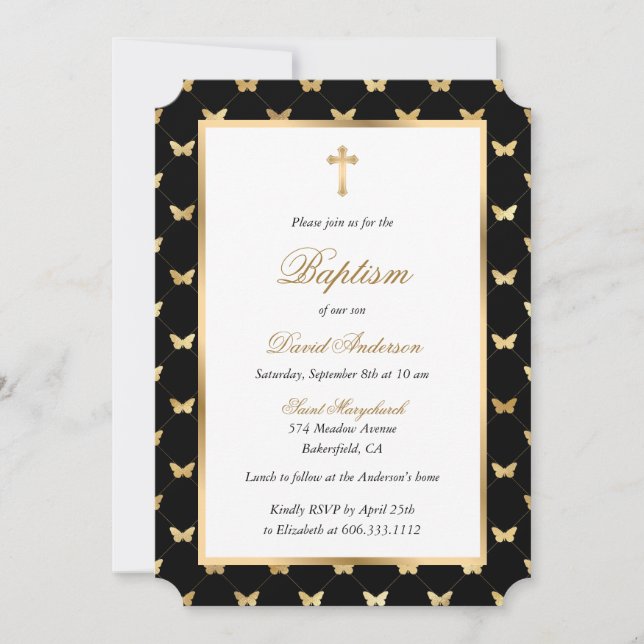 Invitación Mariposa Cruz de Oro Negro Elegante Bautismo Scrip (Anverso)