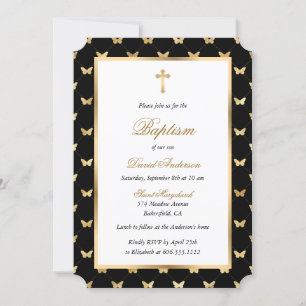 Invitación Mariposa Cruz de Oro Negro Elegante Bautismo Scrip