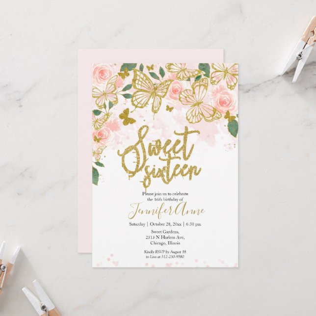 Invitación Mariposa Cumpleaños 16 Floral Rosa Dora (Anverso/Reverso In Situ)