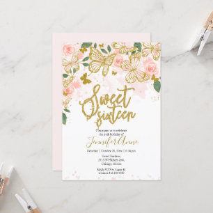 Invitación Mariposa Cumpleaños 16 Floral Rosa Dora