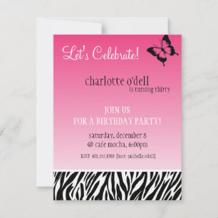Invitación mariposa; cumpleaños del estampado de zebra