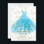 Invitación Mariposa Dance Aqua Blue Dress Gold Sweet 16<br><div class="desc">Personalizar para cualquier evento</div>