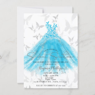 Invitación Mariposa Dance Aqua Blue Dress Sweet 16 Fiesta