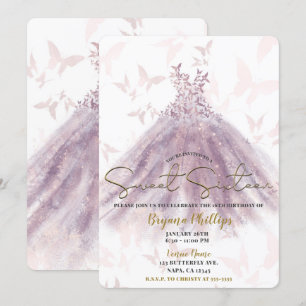 Invitación Mariposa Dance Mauve Sparkle Vestido Dorado Dulce 