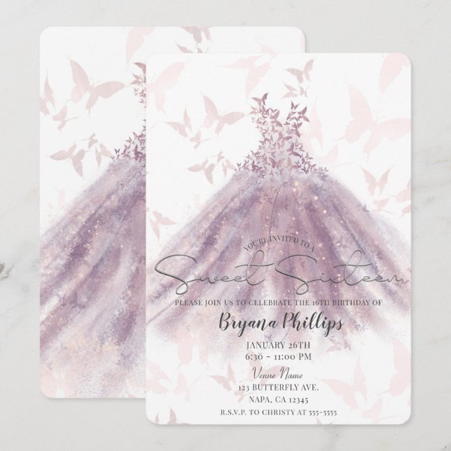 Invitación Mariposa Dance Mauve Sparkle Vestido dulce 16 Fies (Anverso / Reverso)