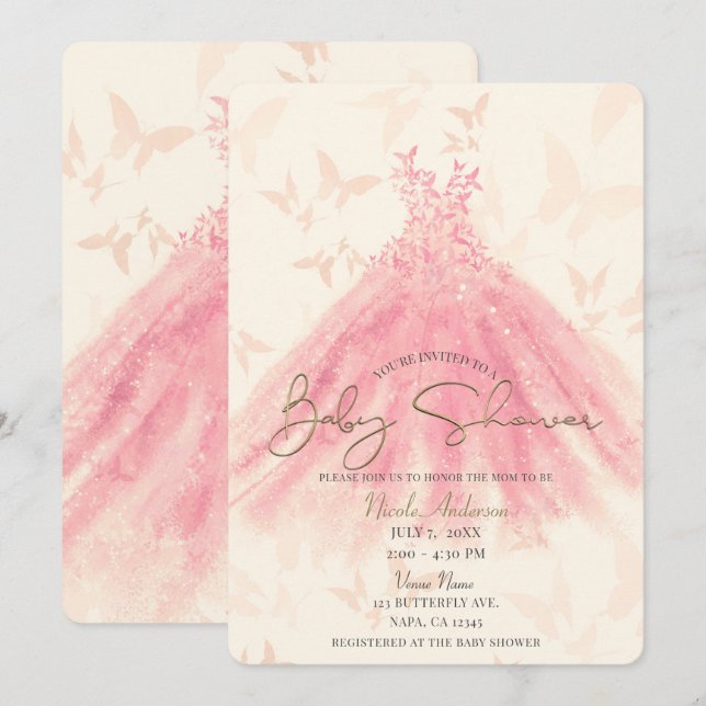 Invitación Mariposa Dance Peach Sparkress Vestido Baby Shower (Anverso / Reverso)