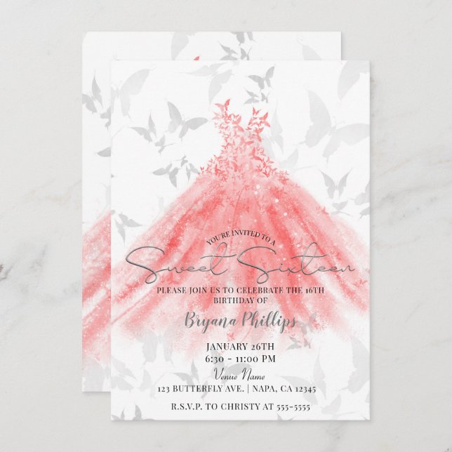 Invitación Mariposa Danza Coral Naranja Vestido Dulce 16 Fies (Anverso / Reverso)
