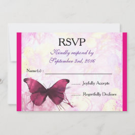 Invitación Mariposa de acuarela morada sobre RSVP rosa