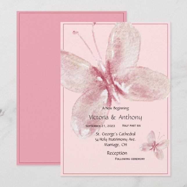 Invitación Mariposa De Acuarela Rosa Malva Elegante (Anverso / Reverso)