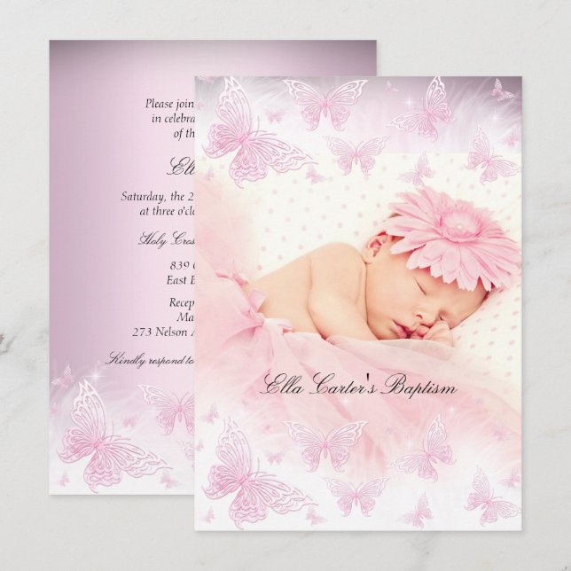 Invitación Mariposa de Bautizo con Destellos Rosa Blanco (Anverso / Reverso)