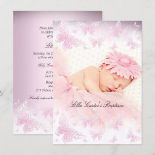 Invitación Mariposa de Bautizo con Destellos Rosa Blanco