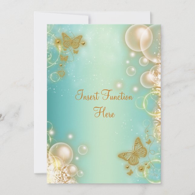 Invitación Mariposa de boda de compromiso de oro azul verdoso (Anverso)