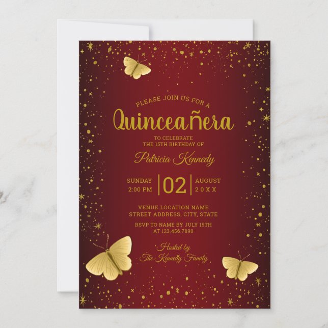 Invitación Mariposa De Borgoña Y Purpurina De Oro Quinceanera (Anverso)