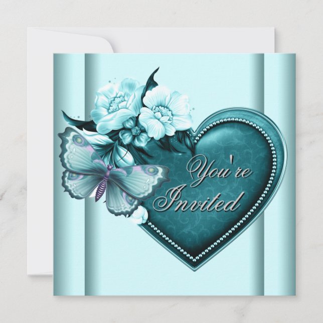 Invitación Mariposa de Corazón Azul Teal Fiesta Azul Teal (Anverso)