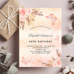 Invitación Mariposa de cumpleaños pampas pampas boho de la ru<br><div class="desc">Un fondo de color oro rosa,  color rosa oscuro,  fino y de aspecto metálico. Decorada con rosa de oro y flores rosadas,  rosas,  pampas y mariposas. Personalice y agregue un nombre y detalles del fiesta.</div>