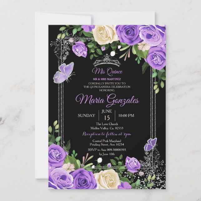 Invitación Mariposa de cumpleaños Silver y Purple Mis Quince (Anverso)