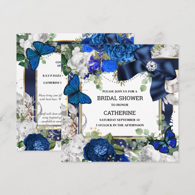 Invitación Mariposa de diamante azul purpurina blanco real  (Anverso / Reverso)