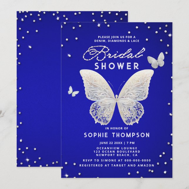 Invitación Mariposa de encaje Diamante de imitación Royal Blu (Anverso / Reverso)