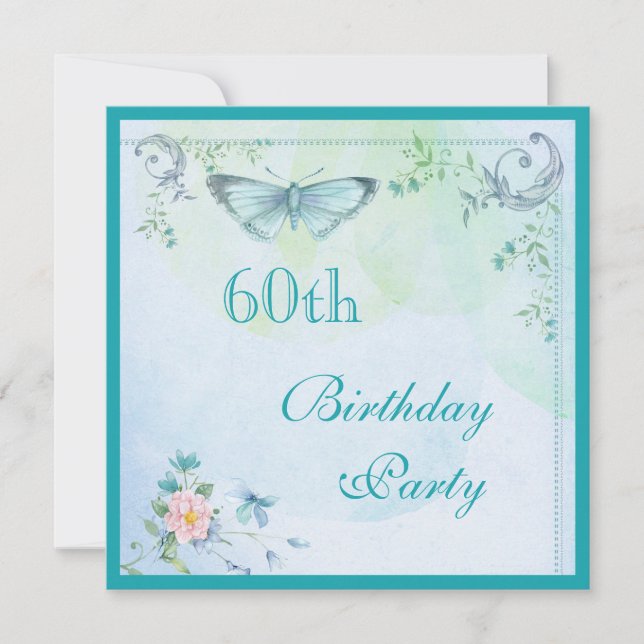 Invitación Mariposa de época, flores y nalgas 60º cumpleaños (Anverso)