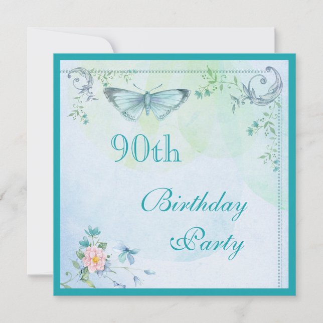 Invitación Mariposa de época, flores y nalgas 90º cumpleaños (Anverso)