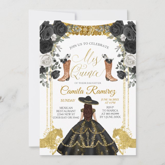 Invitación Mariposa de Fiesta Negra y Oro Mis XV Anos Invitat (Anverso)