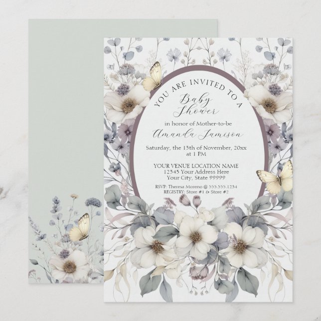 Invitación Mariposa de flor cúrcuma Pastel Lavanda Bebé Amari (Anverso / Reverso)