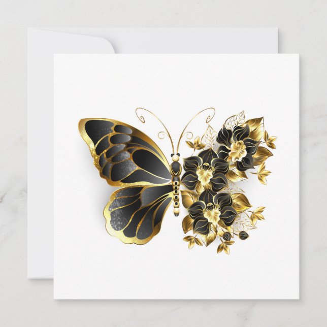 Invitación Mariposa de flor de oro con orquídea negra (Anverso)