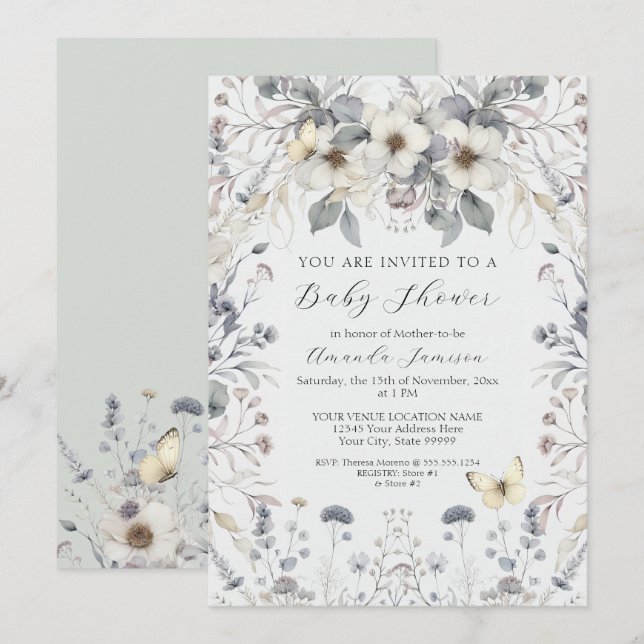 Invitación Mariposa de Flor Pastel Lavanda Niña (Anverso / Reverso)