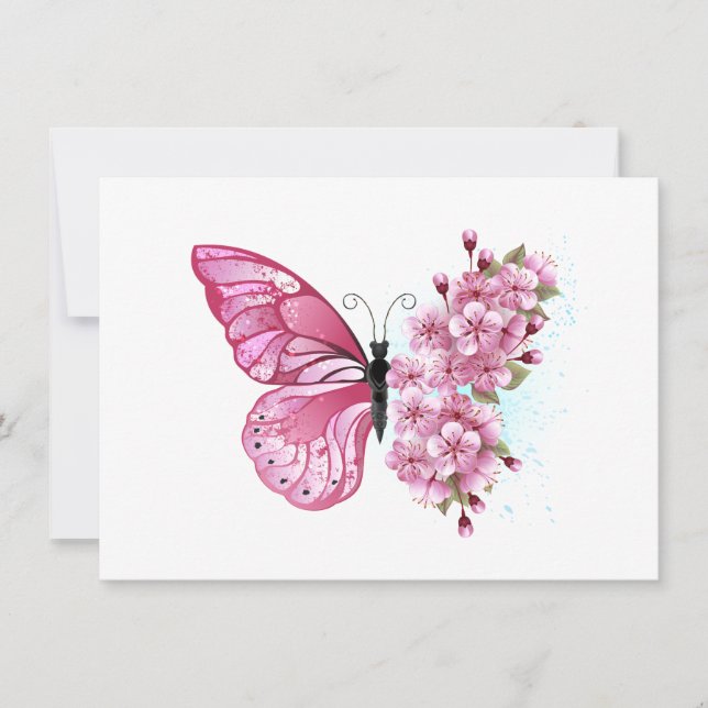 Invitación Mariposa de flores con Sakura rosa (Anverso)