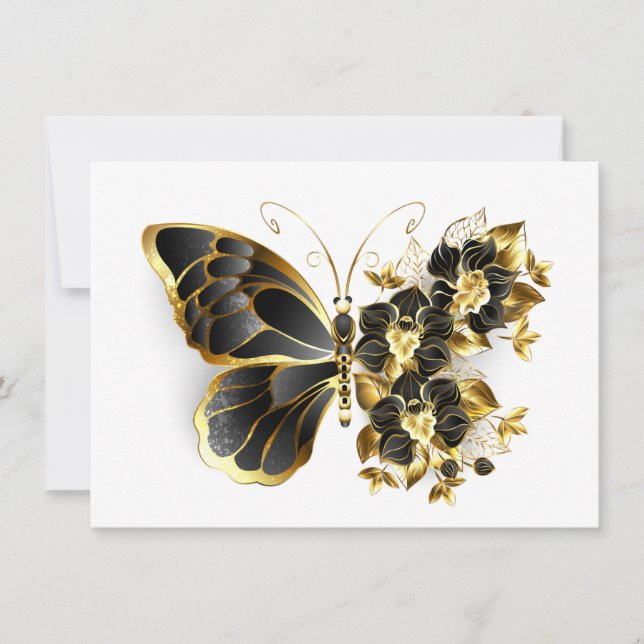 Invitación Mariposa de flores de oro con orquídea negra (Anverso)