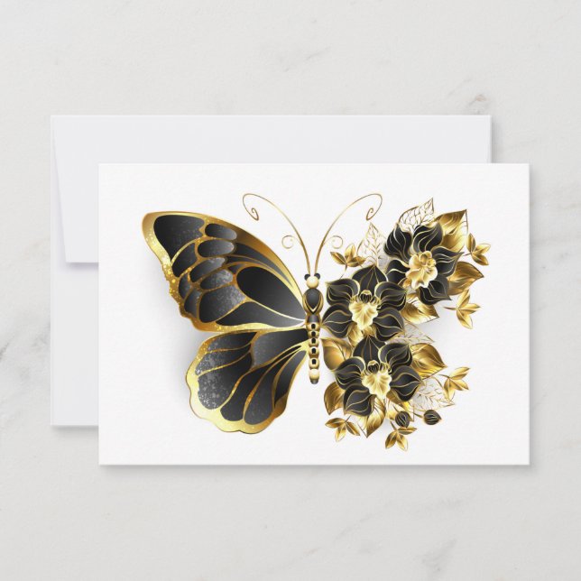 Invitación Mariposa de flores de oro con orquídea negra (Anverso)
