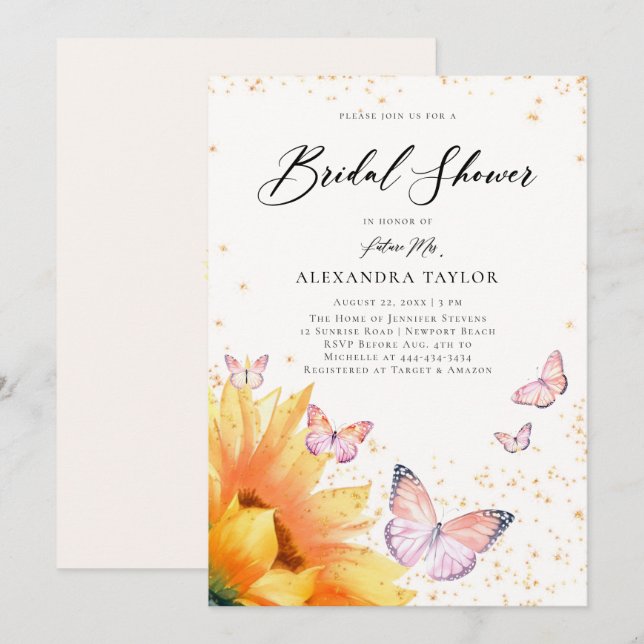 Invitación Mariposa de girasol Oro rosa Rústico Ducha de novi (Anverso / Reverso)