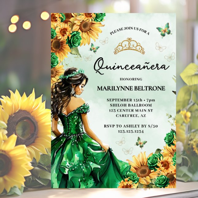 Invitación Mariposa de girasol Princesa Verde Quinceañera (Subido por el creador)