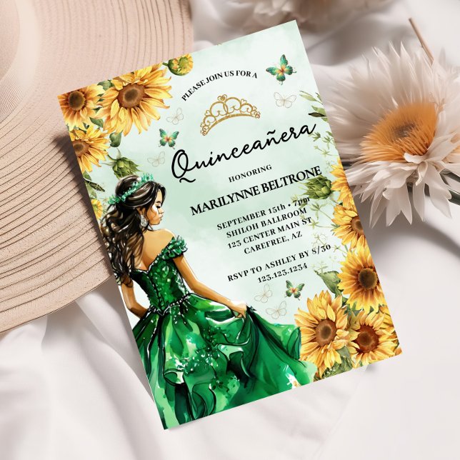 Invitación Mariposa de girasol verde Princesa Quinceañera (Subido por el creador)